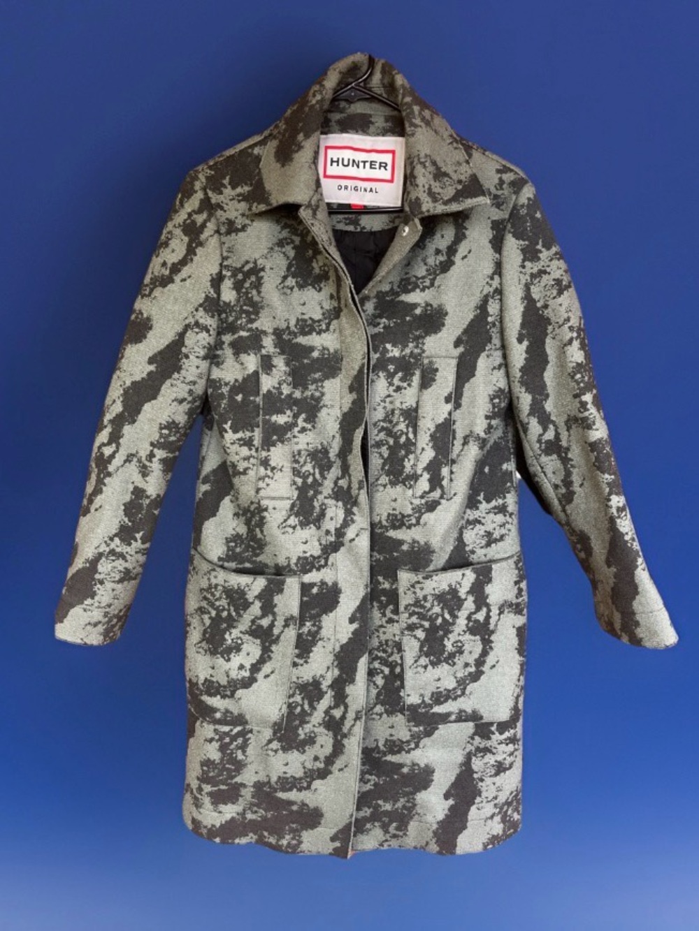 HUNTER ORIGINAL WOOL trench coat 
CAMO/marble From Italy Xs. $250